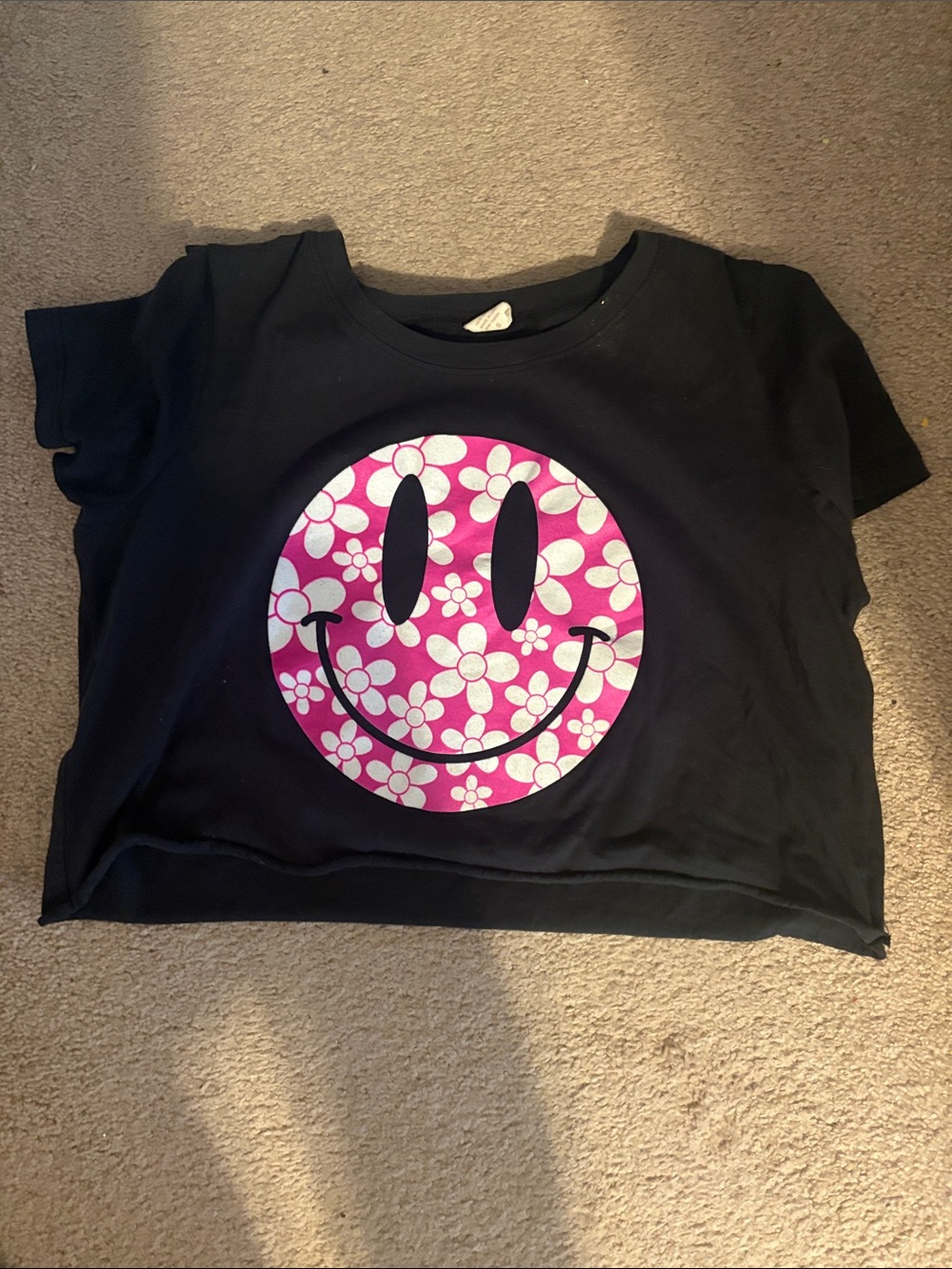 Altar'd State Black Crop Tee with Pink Floral Smiley